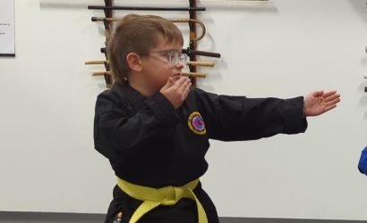 Young boy in a karate stance at Shin Gan Dojo martial arts in Liberty Hill Texas