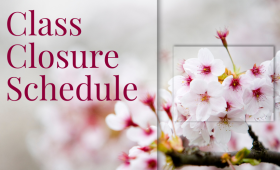 2026 class closure schedule graphic with cherry blossoms for Shin Gan Dojo martial arts