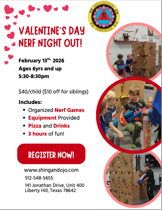 Nerf Night out for kids. Kids activity on Valentine's Day weekend in Liberty Hill TX