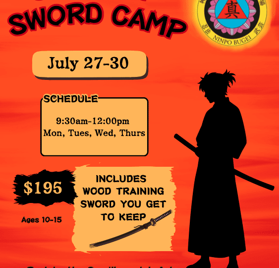 flyer promoting Samurai Sword Camp 2026 at Shin Gan Dojo martial arts in Liberty Hill, Texas