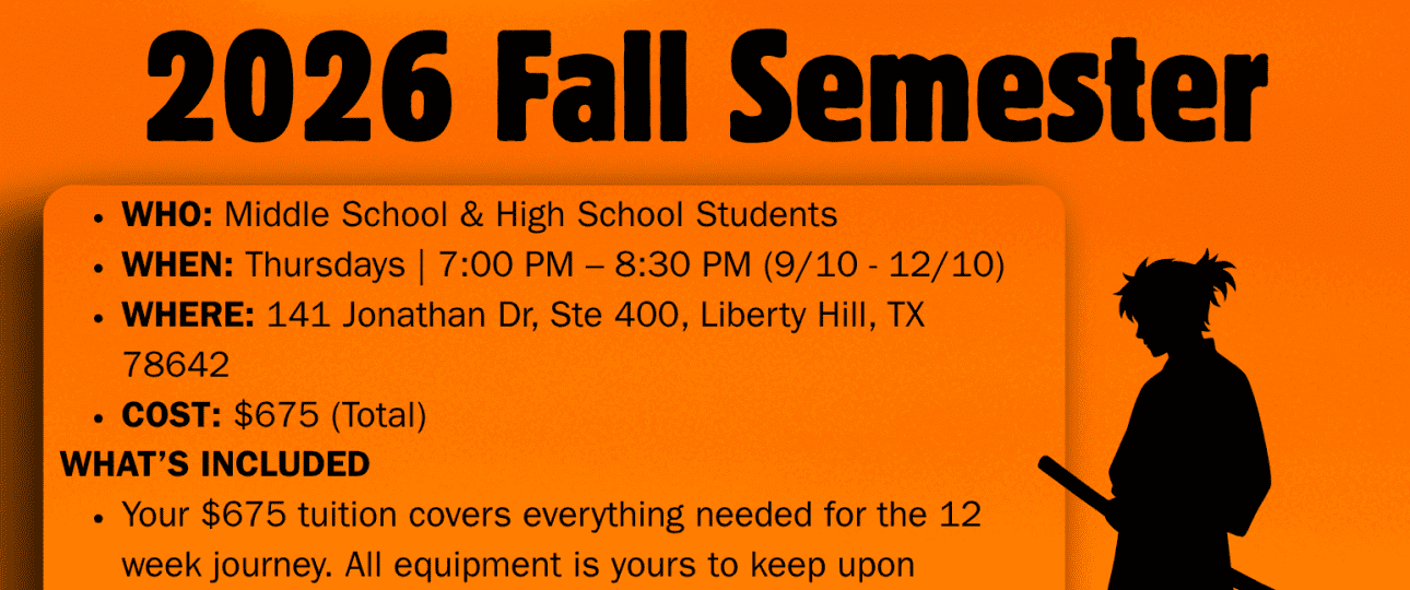 Flyer for Youth Kenjutsu (Sword Class) program at Shin Gan Dojo for Fall Semester 2026