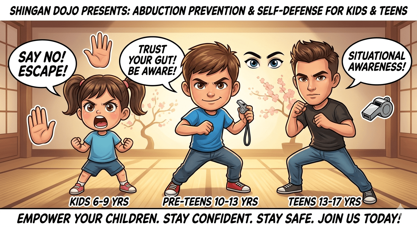 Abduction Prevention Workshop for Kids and Teens at Shin Gan Dojo martial arts in Liberty Hill Texas