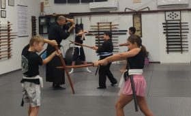 Group of children and instructor practicing swordforms in a martial arts dojo with wooden training swords on padded mats.