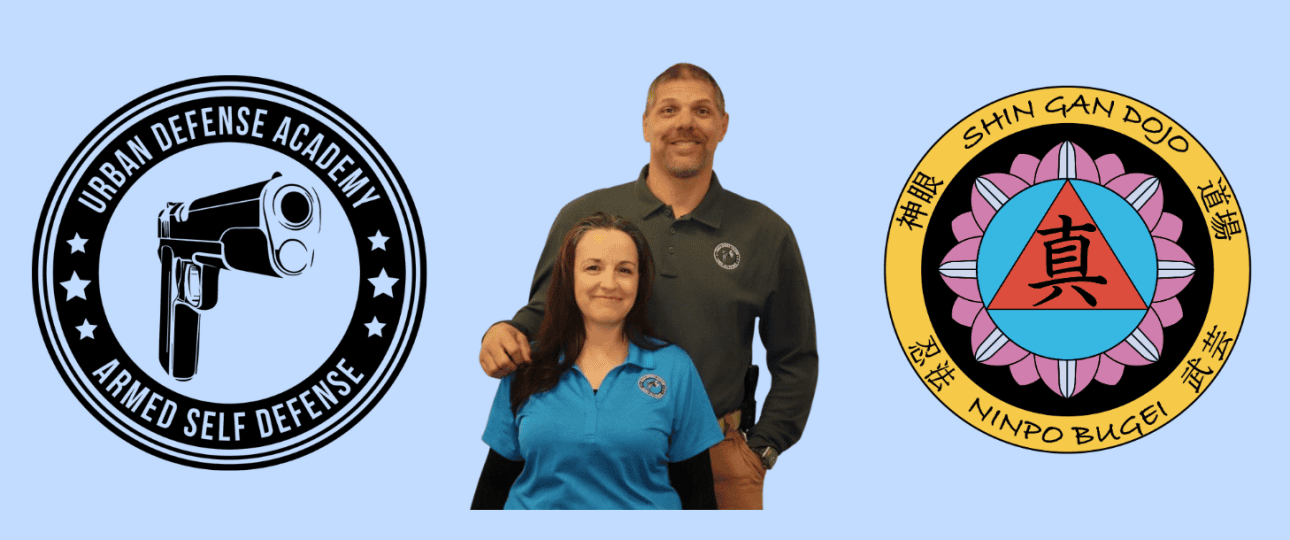 B G UDA and SGD - Martial Arts Dojo in Liberty Hill, Texas Urban Defense Academy logo on left side. Photo of Brian and Gigi Simmons in middle. Shin Gan Dojo logo on right side.