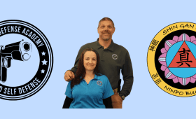 Urban Defense Academy logo on left side. Photo of Brian and Gigi Simmons in middle. Shin Gan Dojo logo on right side.